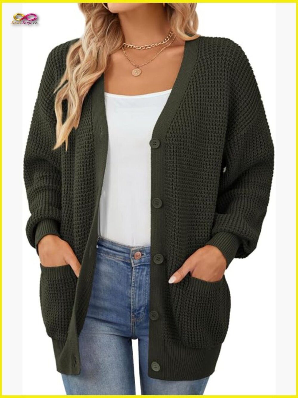 Oversized 100% Cotton Cardigan Sweater with Pockets Button Down V-Neck Knit
